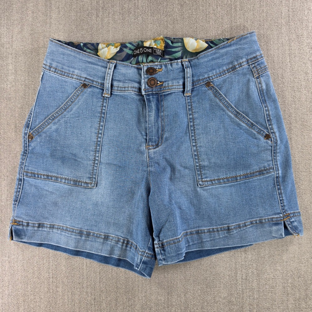 One 5 One Denim Shorts Women 8 Blue Stretch Patch Pocket MSH22125Z-BE